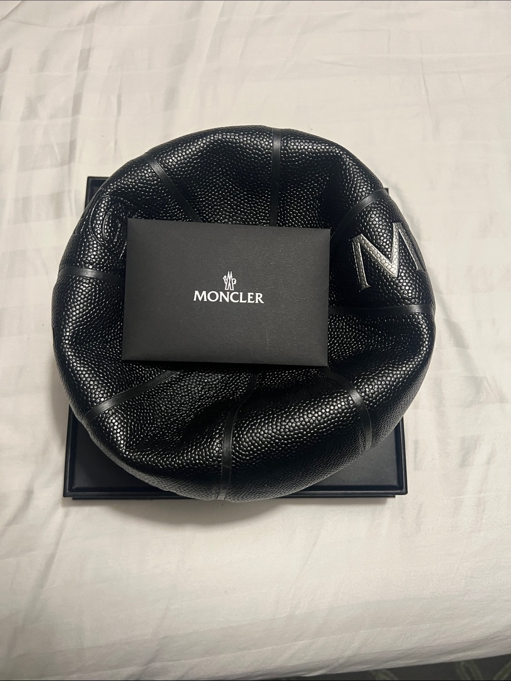 Moncler Pebbled Black Leather Beret with M Stitch